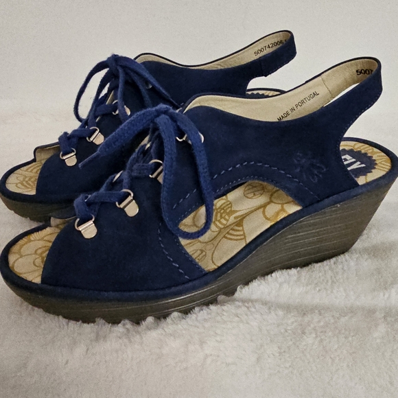 Fly London Bold Blue Yifa Leather Lace-Up Cut Out Sling Back Wedges Size 10-10.5 - Picture 6 of 16